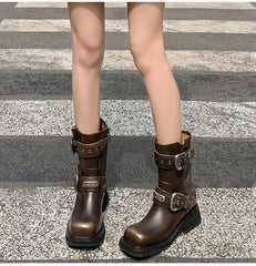 Metal Belt Buckle Motorcycle Boots Rivet Patent Leather Platform Wedge High heels Chunky Boots Shoes