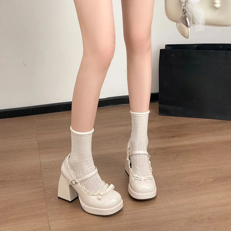 Platform High Heel Mary Jane Shoes Butterfly-knot Lace Shoes 2026 Wedding Party Shoes