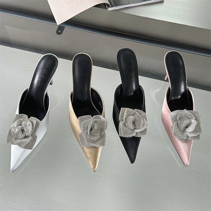 CRYSTAL Flower Silk Pointed Toe Slippers Thin Heels Party Dress Mule Shoes