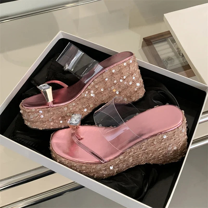 Crystal Sequin Cloth Platform Wedge Slippers Street Style Clip Toe High Heels Banquet Shoes