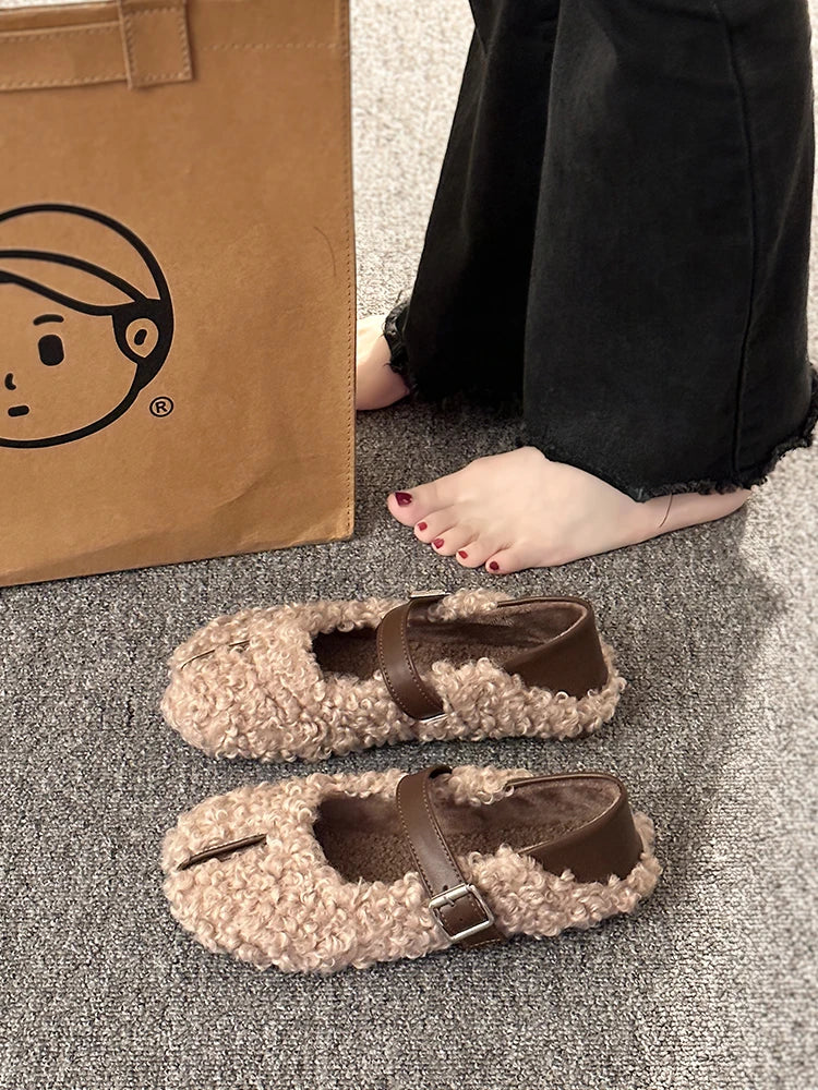 Shoes Woman Flats Loafers Fur Round Toe Casual Sneakers Dress Moccasin Fall Leisure Buckle Strap Flock Rubb