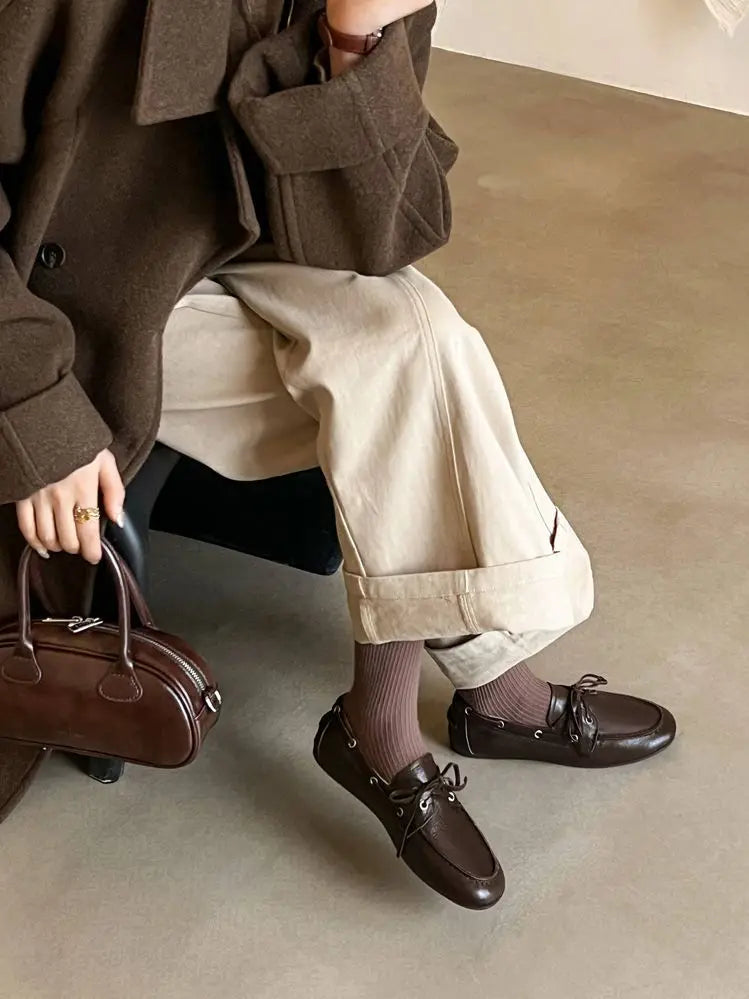 Leather Flats Shoes Loafers Round toe Vintage Suede Leather Casual British Style Flat Single Shoes