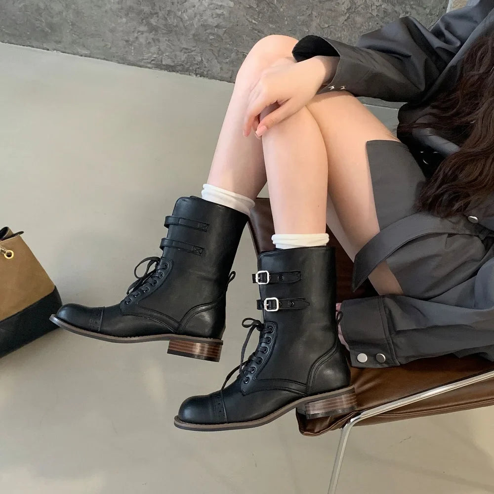 Design Narrow Band Lace-up Knee-High Boots Vintage Round Toe Square Low Heels Shoes