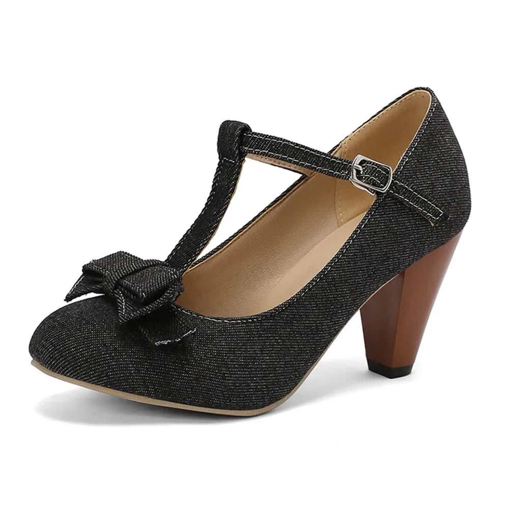 Plus Size 48 Brand Round Toe Chunky Heel Pumps Elegant Bow Buckle Solid Party Shoes