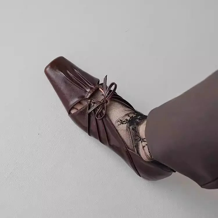 Pleated Hollow Mary Jane Style Shoes with Bow Design Flat Shoes Square Toe Casual Comfortable Outdoors Shoes Fashion