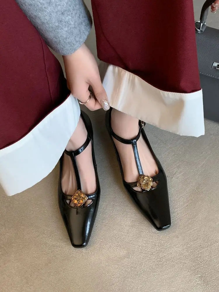 Retro Mary Jane Leather Buckle Thick Heel Square Toe Metal Flower Shoes 34-40