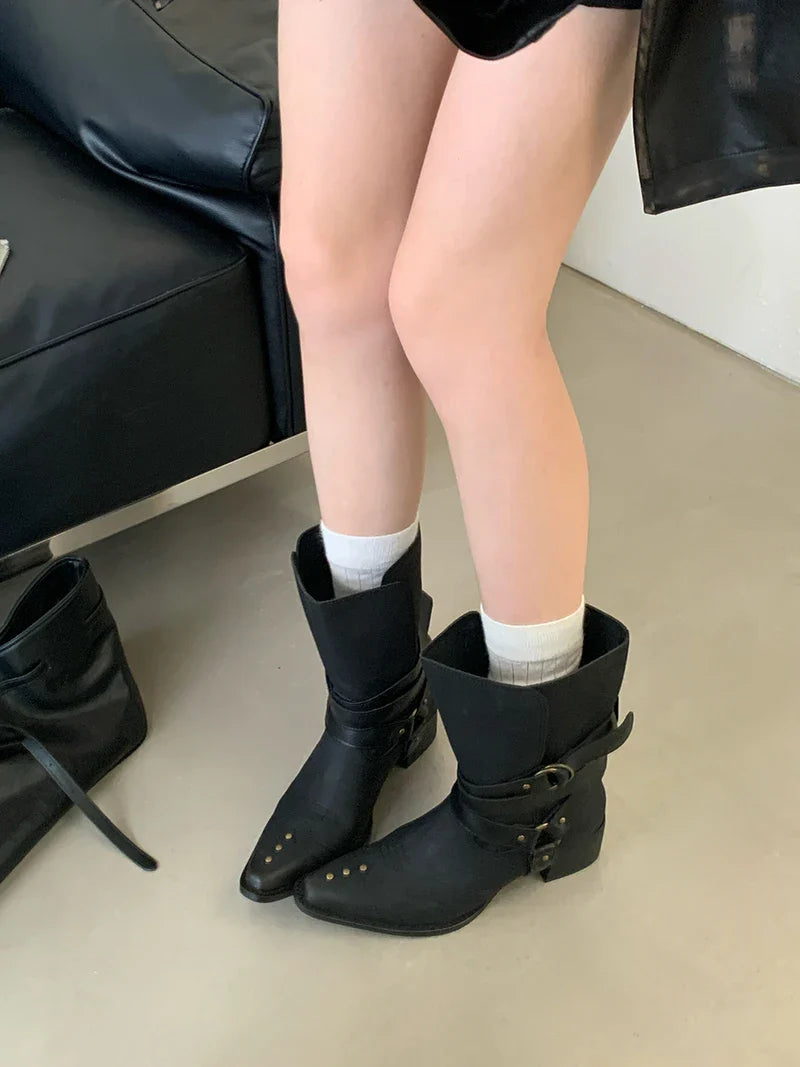 Black Chunky Heels Ankle Boots Woman Pointed Toe Rivet Fall Shoes Belt Buckle Western Style Cowboy Boots Zapatos Mujer