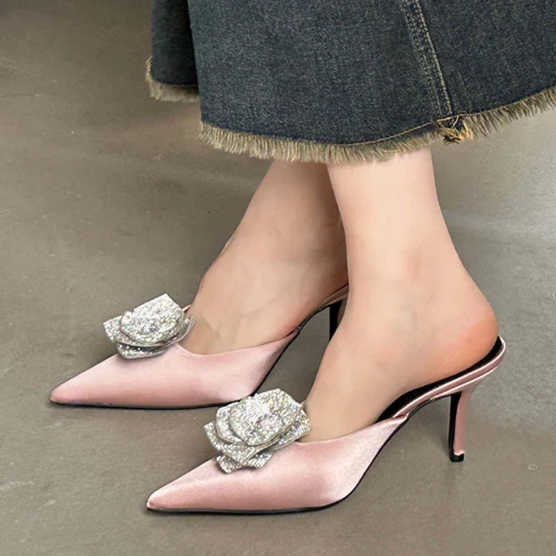 CRYSTAL Flower Silk Pointed Toe Slippers Thin Heels Party Dress Mule Shoes