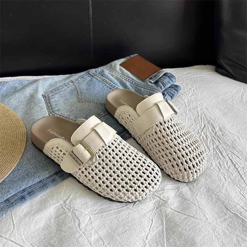 Mesh Platform High Heels Weave Slippers Hollow Sandals Mules Woman Fad Beach Loafers Slides Dress