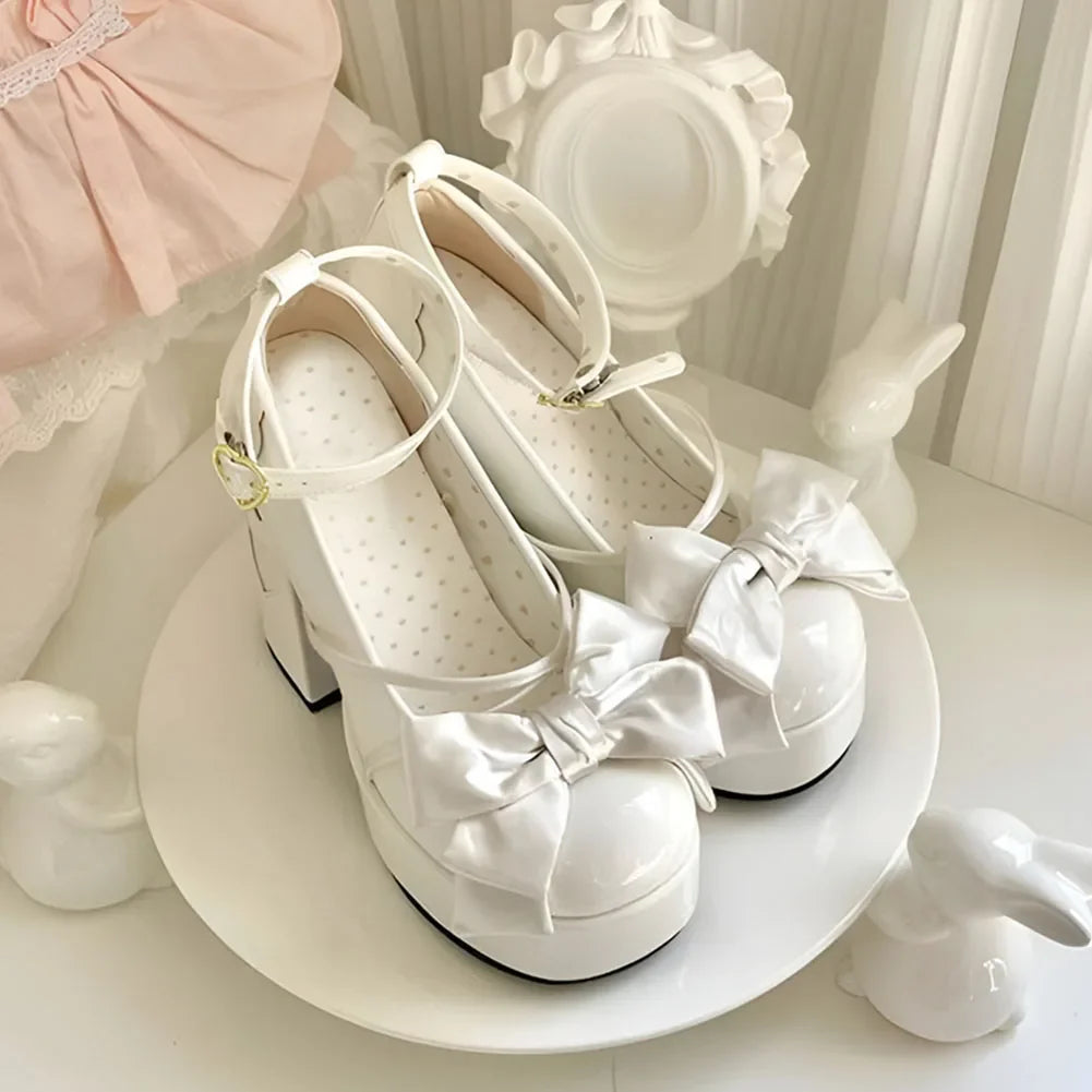 Lolita Bow Bow Decor Pumps Platform Chunky High Heels Ankle Strap Sweet Cute Elegant Pumps