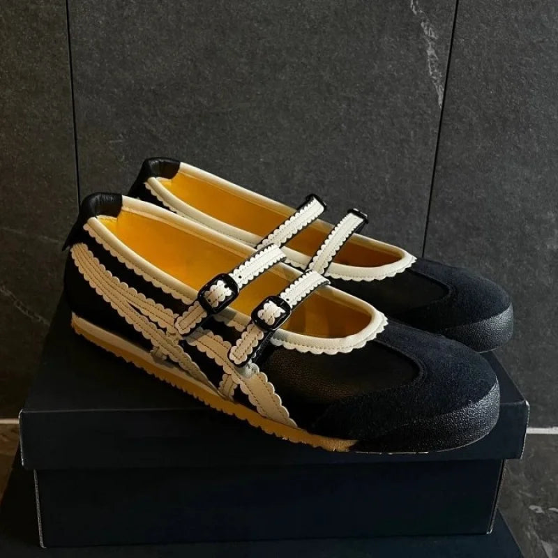 Vintage Round Toe Shallow Mouth Velcro Sports Flat Ballet Shoes Mary Jane Shoes German Training Shoes
