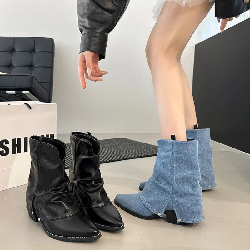 Western Cowboy Boots Vintage Pointed Toe Shoes Thick Heel Short Botas Zapatos De Mujer
