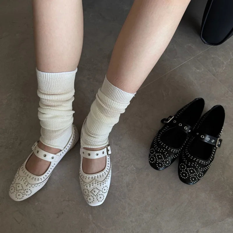 Retro Rivet Mary Jane Shoes Belt Buckle Round Toe Ballet Flats Comfortable Soft Sole Flat Shoes Zapatos De Mujer