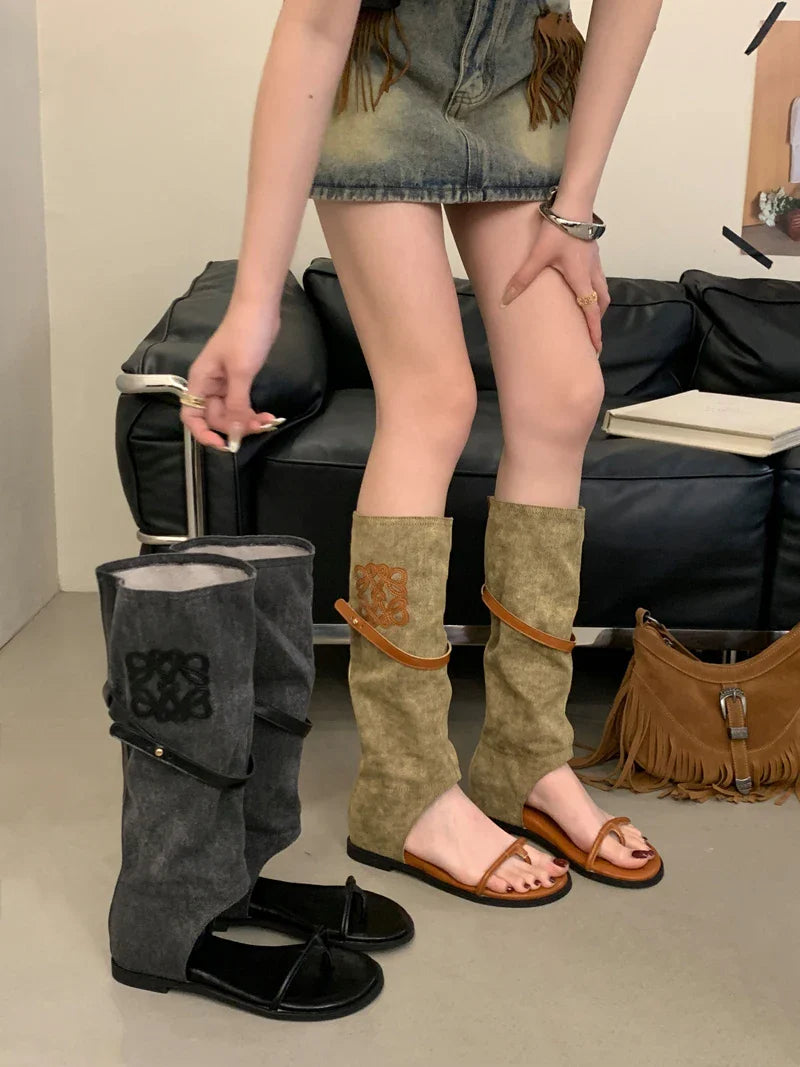 Black Flat Sandals Boots