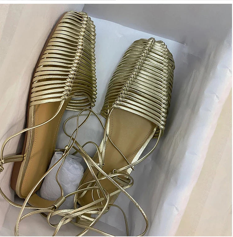 Vintage Woven Hollow Strap Sandals Beautiful Roman Sandals Flat Toe Comfortable Woven Sandals Holiday Party Shoes