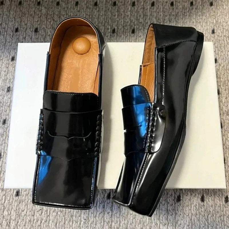 Black Patent Leather Square Toe Loafers Retro Casual Flat Slip on Shoes High Quality Comfortable Shoes