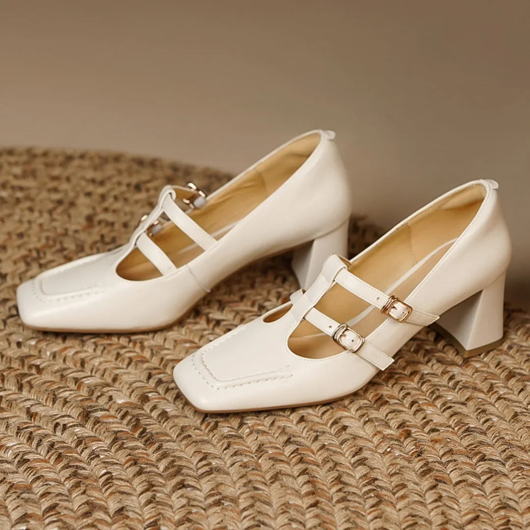 genuine leather double metal buckle t-strap slip-on pumps 7cm thick med heel elegant OL style daily heeled shoes