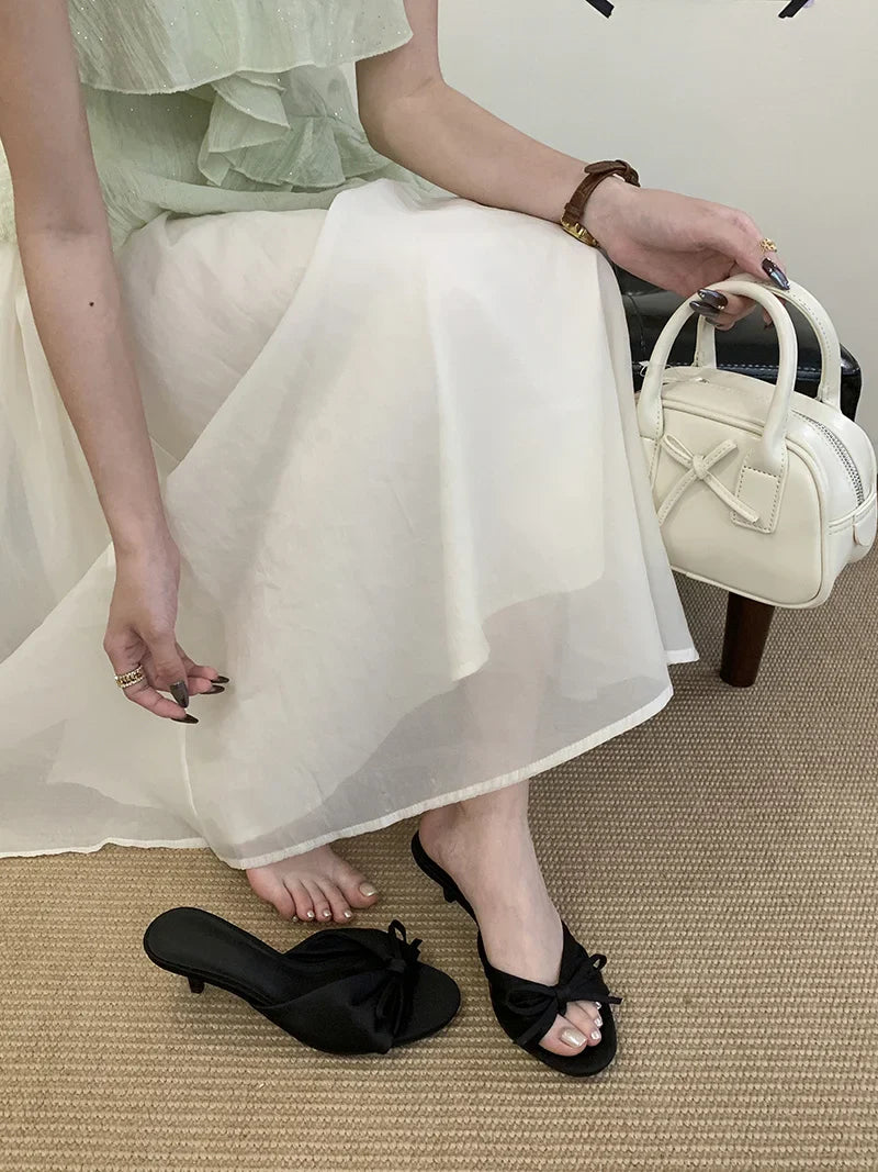 Silk Butterfly Knot Sandals Shallow Open Toe Thin Low Heels Mules Slides Shoes Zapatos Mujer