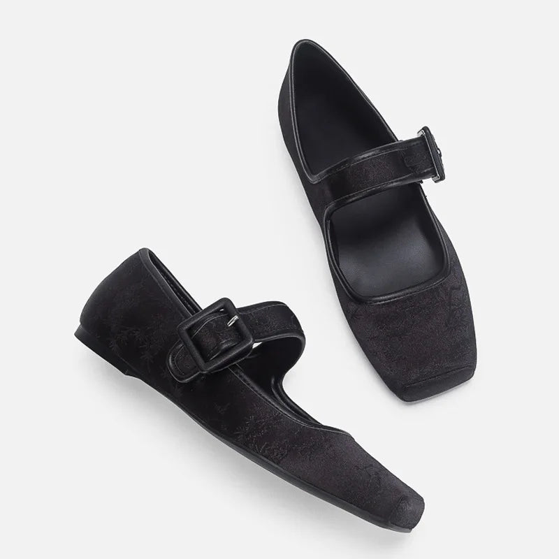 Silk Embroidery Ballerinas Woman Pig Toe Flats Shoes Belt Buckle Silky Mary Janes Wedding Brides Ballets Loafers