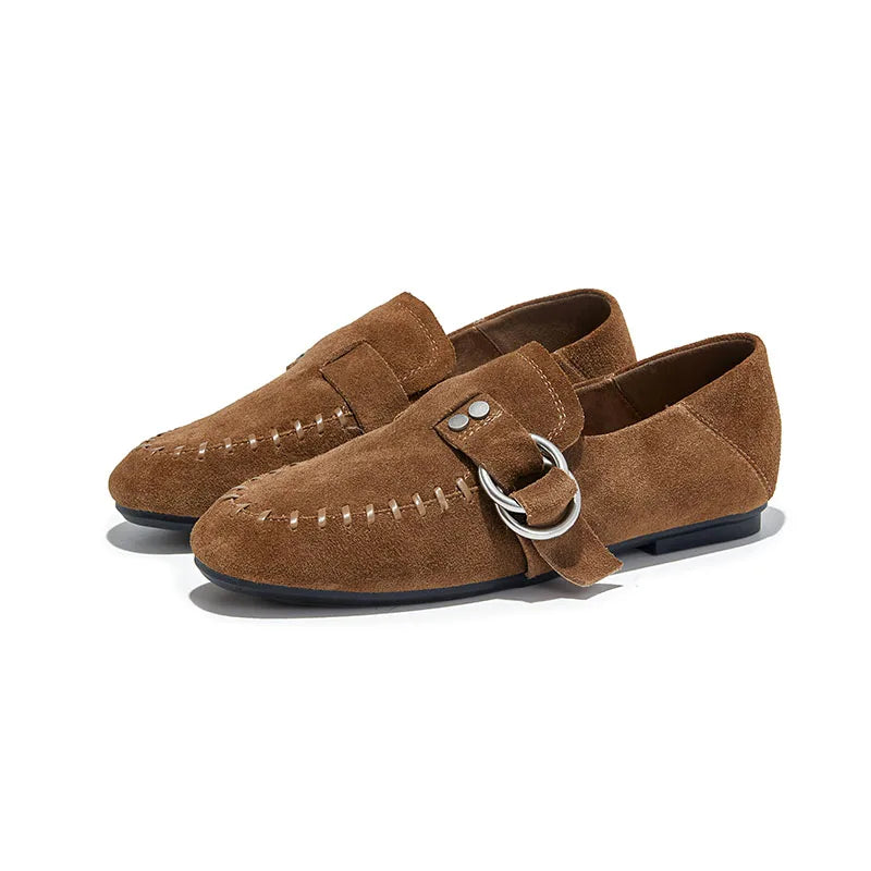 Genuine Leather Flats Metal Buckle-Decorated Suede Loafers Light Comfortable Cow Suede Shoes