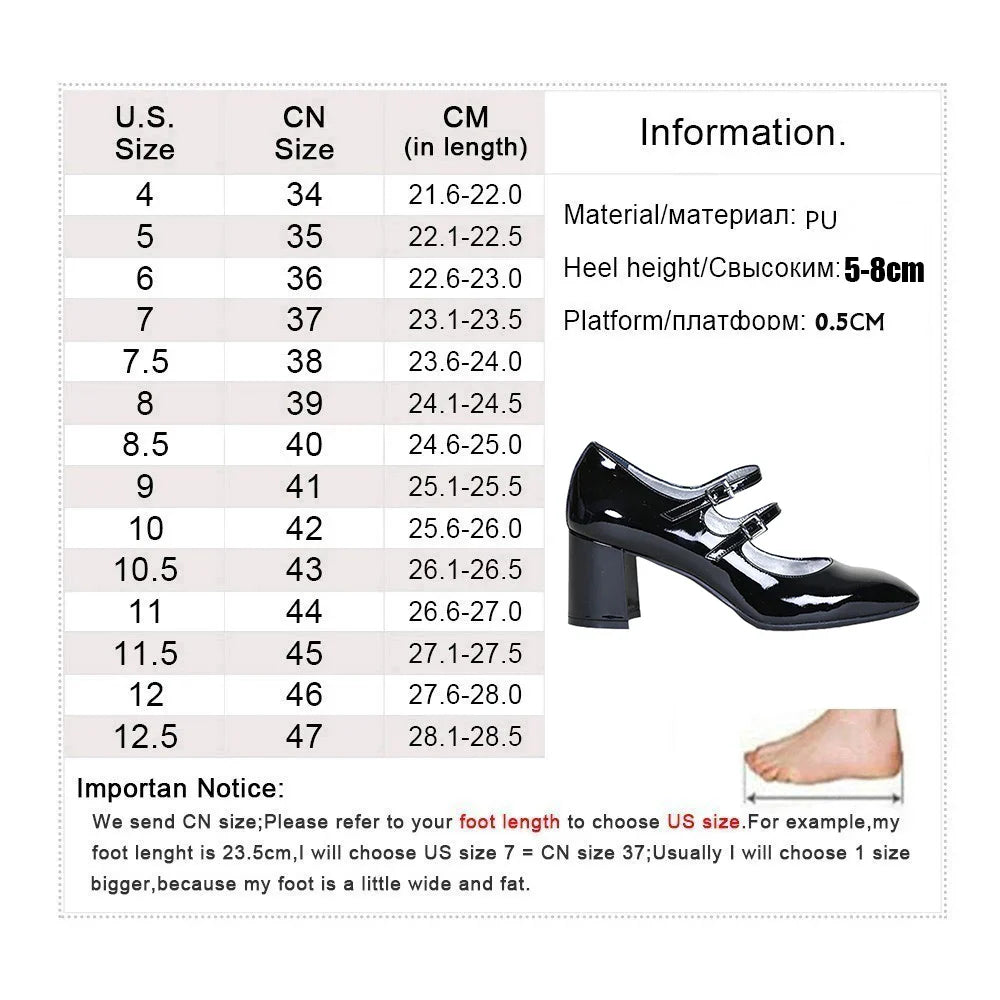 Patent Leather Square Toe Pumps Mary Jane Shoes Buckle High Heels Party Zapatos De Mujer