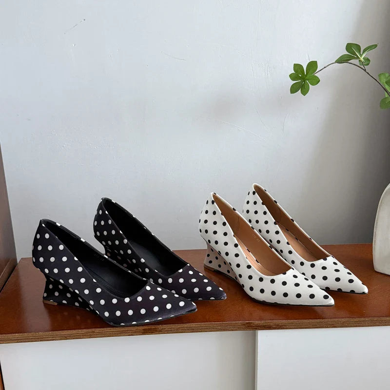 Wedges Heel Mary Jane Shoes Concise Shallow Slip On Shoes Elegant Pointed Toe Dress Polka Dot Pumps