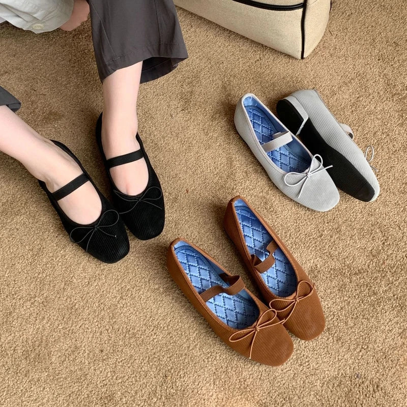 Sweet Butterfly Knot Stripe Design Mary Jane Shoes Comfortable Suede Elastic Band Casual Flats Elegant Brand Shoe
