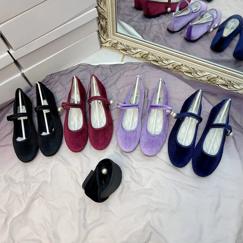 Retro Purple Burgundy Satin Pearl Velvet Mary Jane Flat Shoes