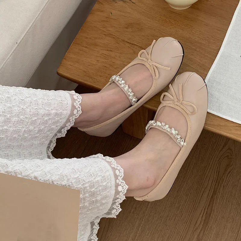 Pink Rhinestones Mary Janes Flats Lolita Shoes Soft Round Toe Footwear Shallow Ballet Flats Shoes