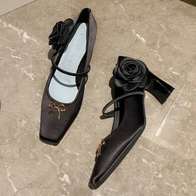 Novelty Side Flower Design Chunky Heel Pumps Elegant Bow Decoration Square Toe High Heels Black Mary Jane Shoes