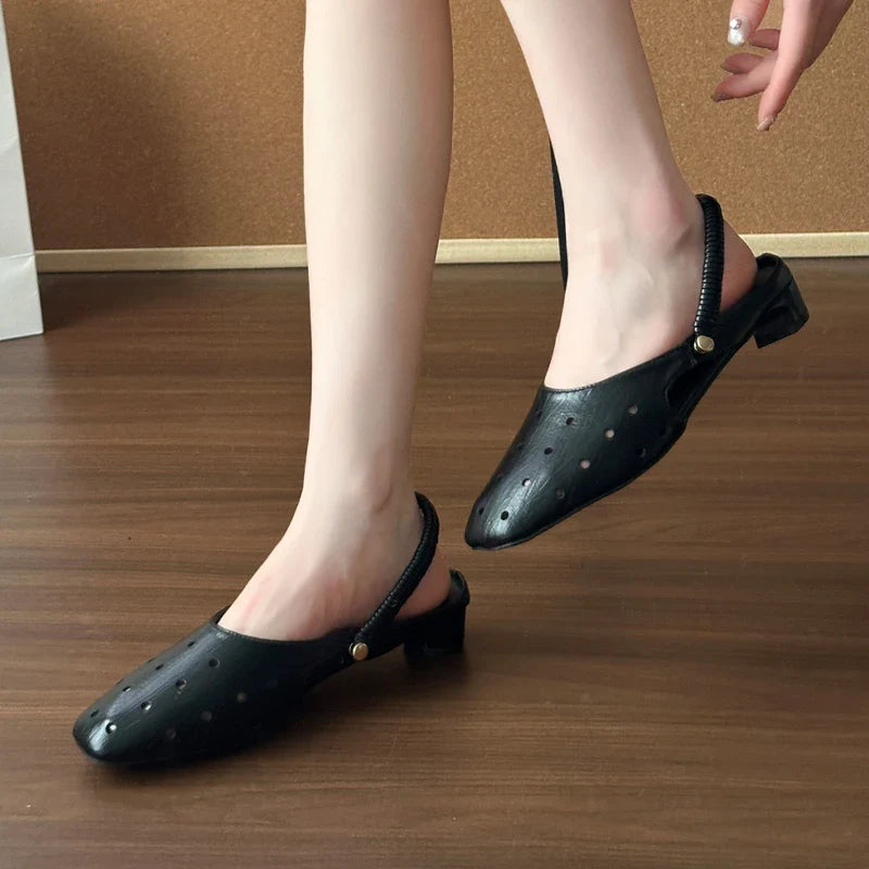 Hollow Sandals Heels Slippers Beach Mules Shoes Trend Chunky Leather Shoes Casual Flip Flops Mujer Slides