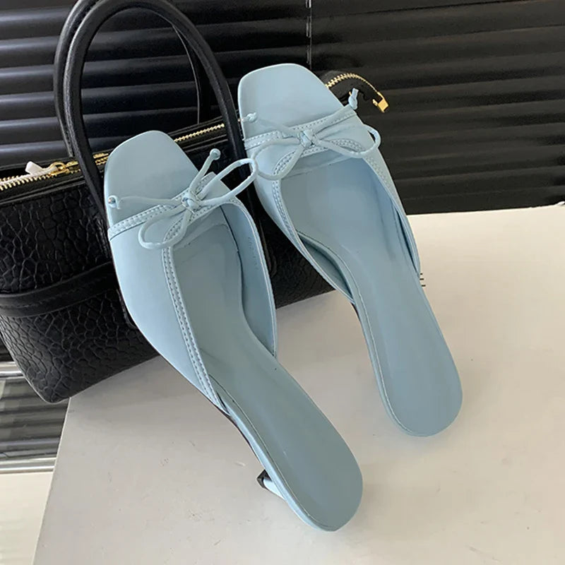 Design Style Shallow Square Toe Slippers Butterfly-knot Low Heels Shoes Zapatos De Mujer
