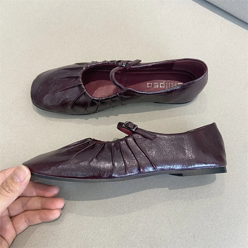 Pleated Mary Janes Flats Shoes Square Toe Pu Leather Comfortable Elegant Red Shoes Shallow Black Ballet Flats