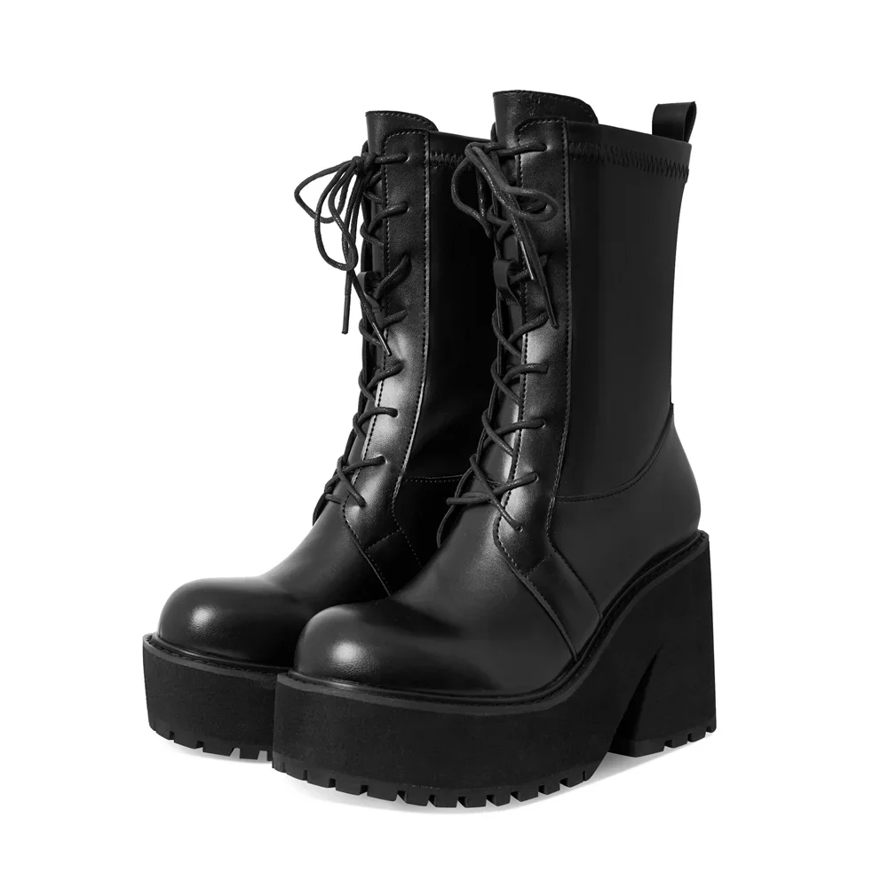 Platform Chunky High Heeled Knee High Boots Cool Round Toe Cute Sweet Heeled Boots Gothic Uniform