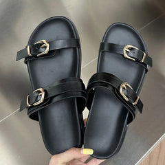 Big Size Footwear Leopard print Slippers Slides Shoes Beach Metal Buckle Flat Sandals Shoes
