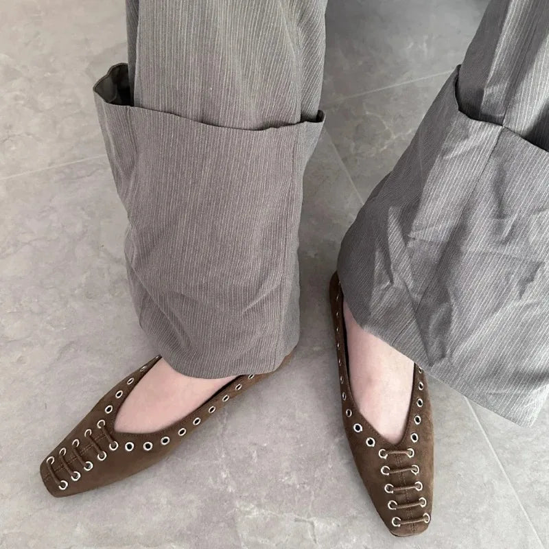 High Quality Faux Suede Flat Mary Jane Shoes Rivets Lace Up Brand Shoes Comfortable Soft Sole Office Shoe