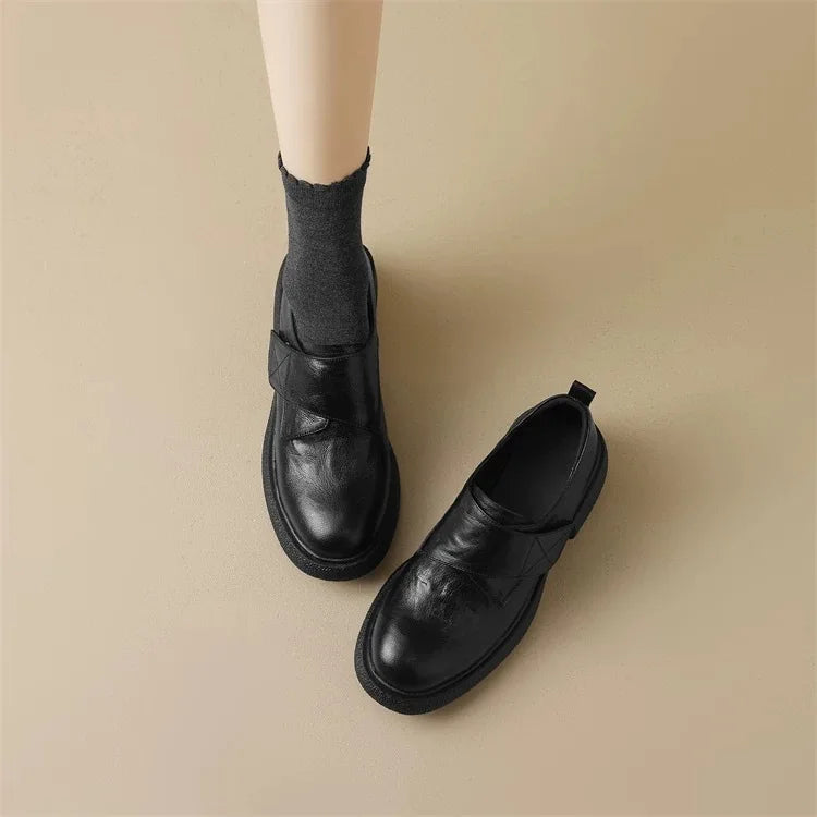 Round Toe Chunky Heels Loafers Casual Elegant Leather Slip On Mid Heels Shoes