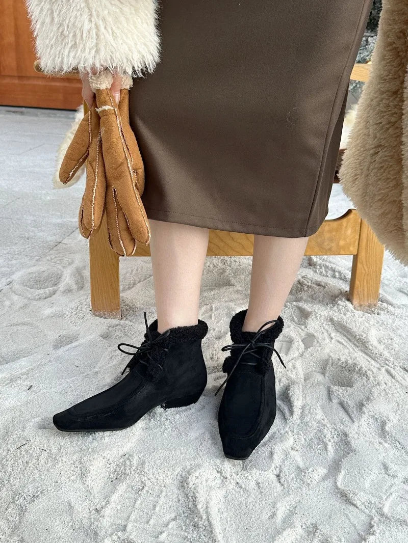 Lace Up Short Fluffy Warm Ankle Boots Comfort Square Toe Chunky Suede Short Boots Low Heels Party Shoes