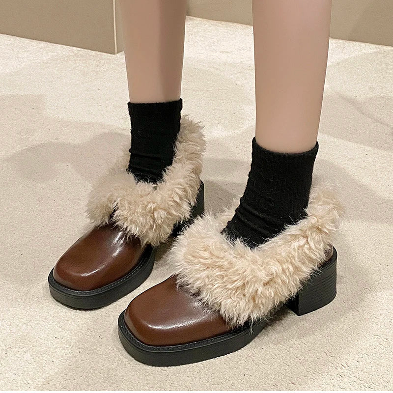 Fur Lining Mary Jane Shoes Elegant Square Toe Slip 2026 Keep Warm Thick Heel Single Shoes
