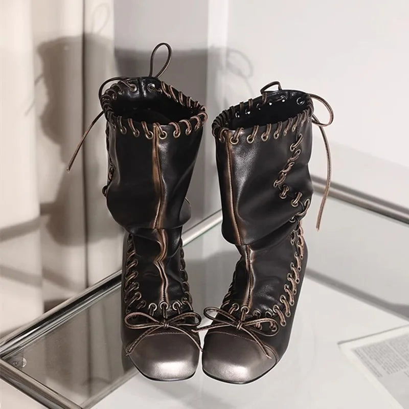 Vintage Pleated Mid-Calf Boots Cross-tied Square Toe Mid Heels Leather Novelty Concise Shoes