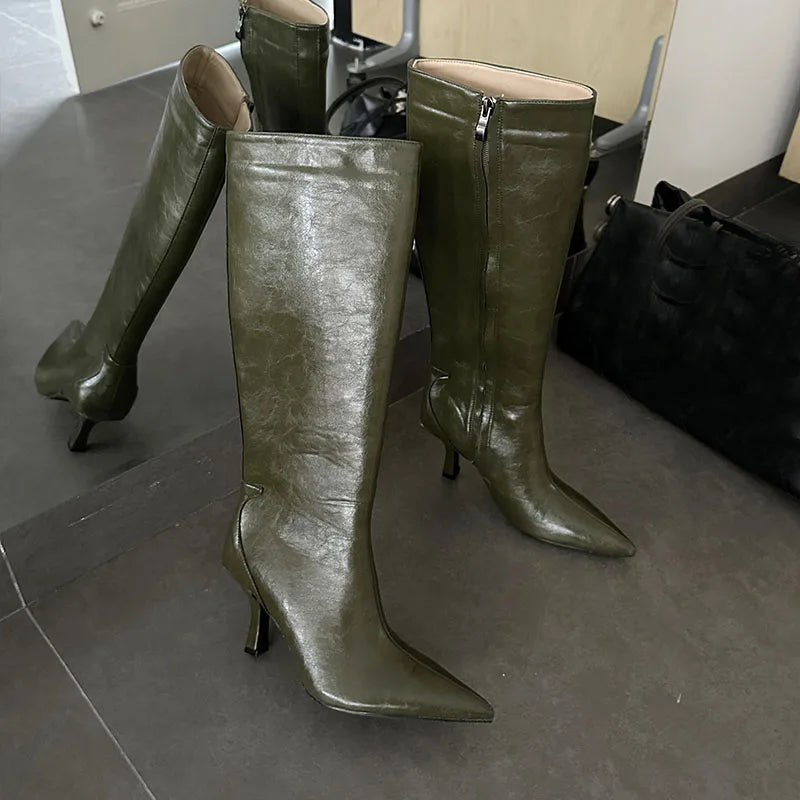 Pointy Toe Knee High Boots High Quality Leather High Heel Boots