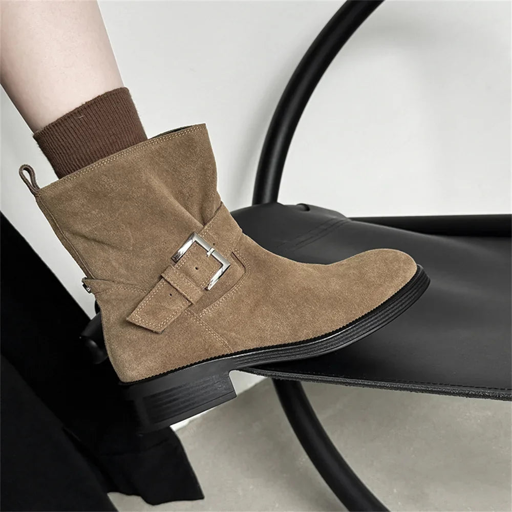 Ankle Boots Cow Suede Round Toe Motorcycle Boots Thick Low Heels Warm Shoes Buckles Boots