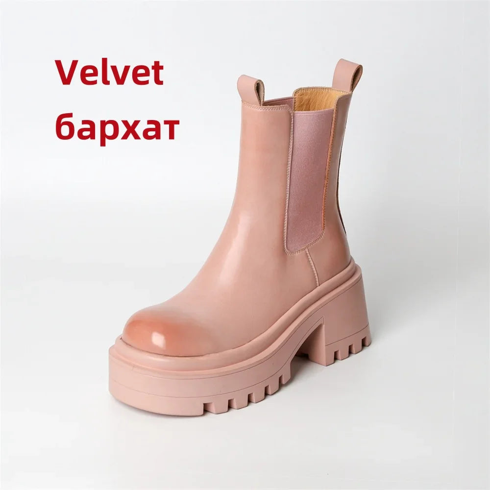Platforms Ankle Boots Genuine Leather Thick Sole Ankle Punk Motorcycle Shoes Combat Booties