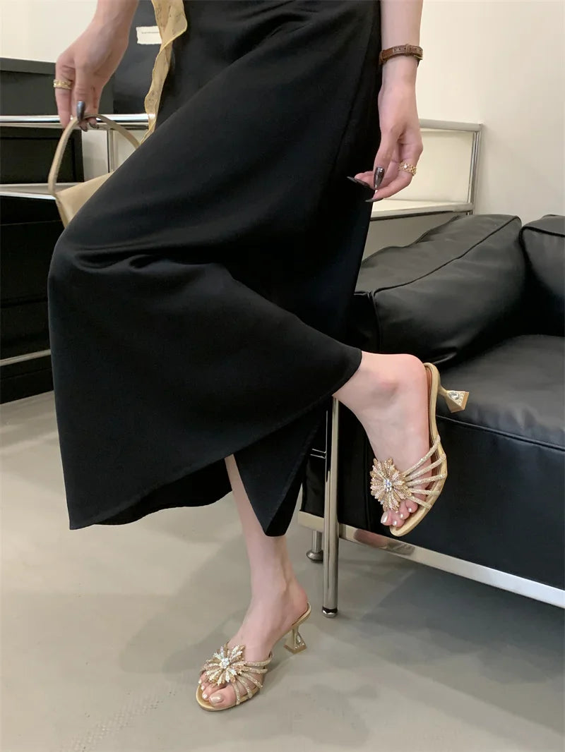 Gold Silver Crystal Gem Strange Low Heels Slippers Rhinestone Flowers Party Prom Shoes Mules Sandals