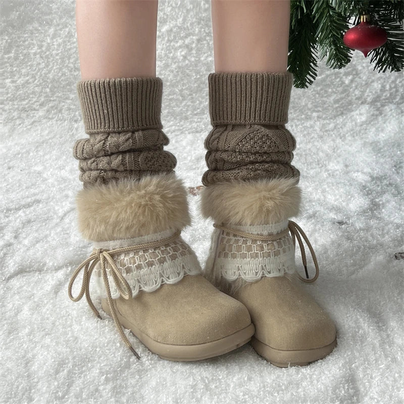Sweet Lace Decoration Furry Suede Snow Boots Thick Bottom Fluffy Fur Ankle Boots Warm Plush Shoes