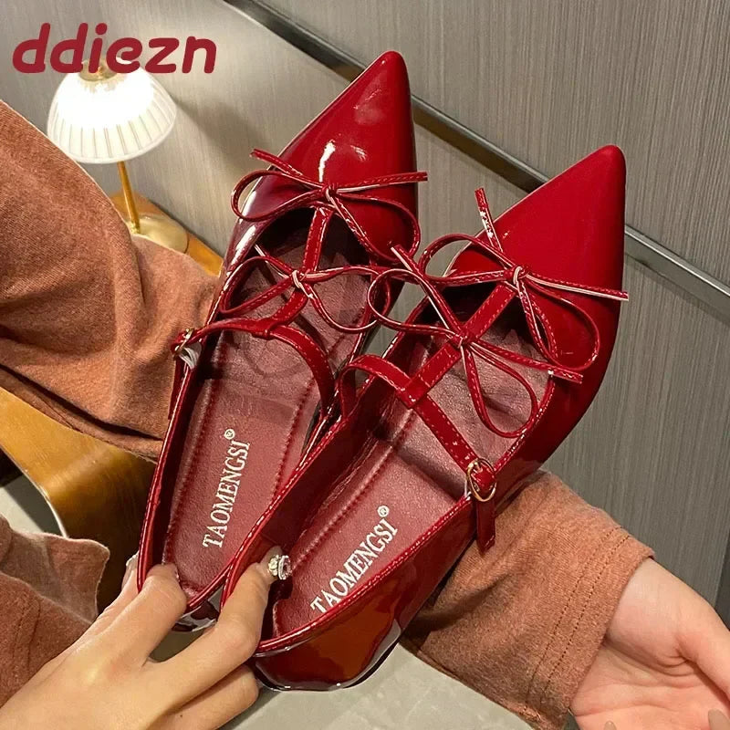 Pointed Toe Metal Buckle Bow T Strap Mary Jane Flats Elegant Banquet Dress Design Comfortable Single Shoes