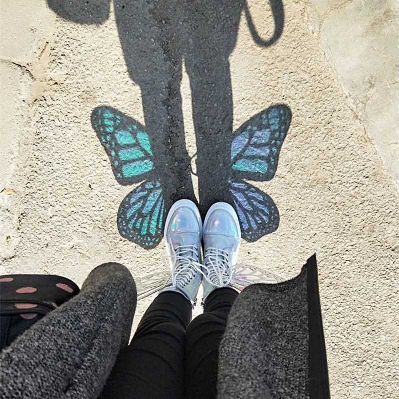 Shine Silver Real Leather Flat Sneakers Butterfly Wings Shoes Lace Up Ankle Boots High-top Leisure Platform Shoes