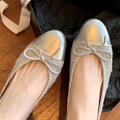 Mixed Color Silver Bowtie Ballets Round Toe Flats Office Slip On Loafers Tweed Cloth Ballerina Bridal Wedding Shoes