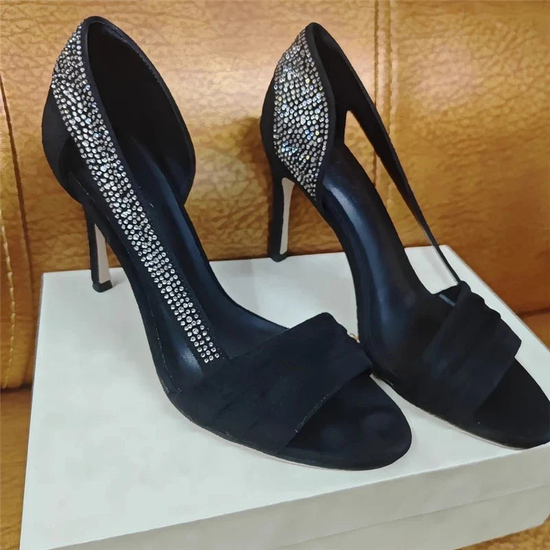 and pointed fish mouth rhinestone lace-trimmed hollow single shoes high-heeled banquet dress sandals