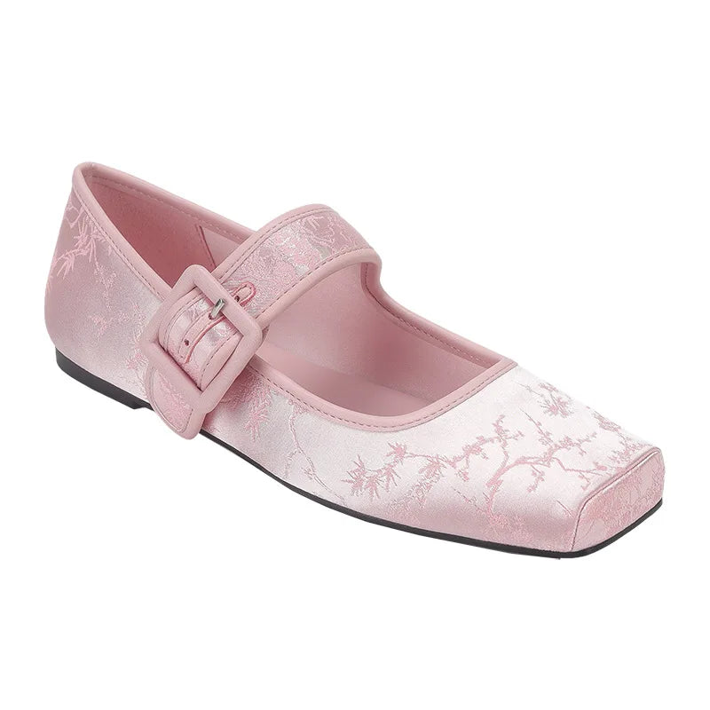 Silk Embroidery Ballerinas Woman Pig Toe Flats Shoes Belt Buckle Silky Mary Janes Wedding Brides Ballets Loafers